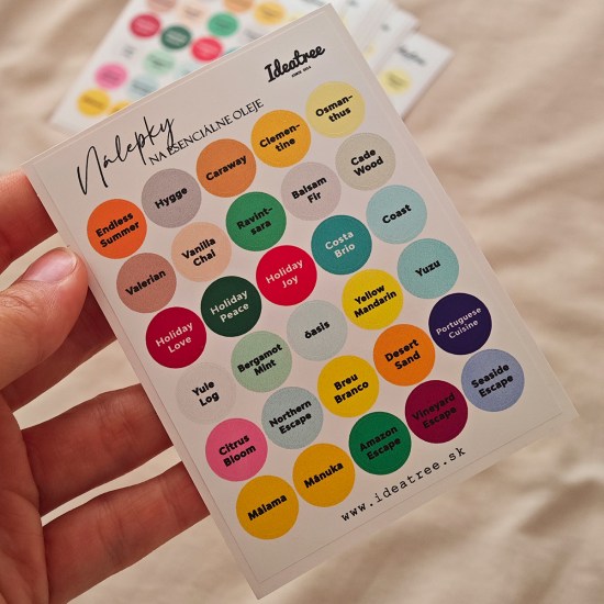 nálepky, okrúhle nálepky, nálepky na kozmetiku, nálepky do kúpeľne, organizovanie, nálepky na oleje, nálepky na esenicálne oleje, nálepky na roll on, doterra, doterra oleje