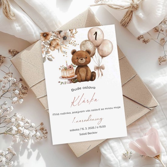 ideatree, pozvánka, detská pozvánka, pozvánka na oslavu, pozvánka s mackom, macko s balónmi, pozvánka na narodeniny, noiart, nové mesto nad váhom