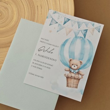 ideatree, pozvánka, detská pozvánka, pozvánka na oslavu, pozvánka s mackom, macko s balónom, pozvánka na narodeniny, noiart, nové mesto nad váhom