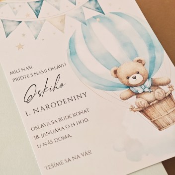 ideatree, pozvánka, detská pozvánka, pozvánka na oslavu, pozvánka s mackom, macko s balónom, pozvánka na narodeniny, noiart, nové mesto nad váhom