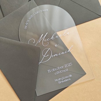 ideatree, oznámenie, svadobné oznámenia, transparentné oznámenie, priesvitné oznámenie, plexi, velúr, semitransparent, oznámenie oblúk, noiart, nové mesto nad váhom